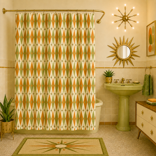 The Orange & Avocado Atomic Diamond Shower Curtain