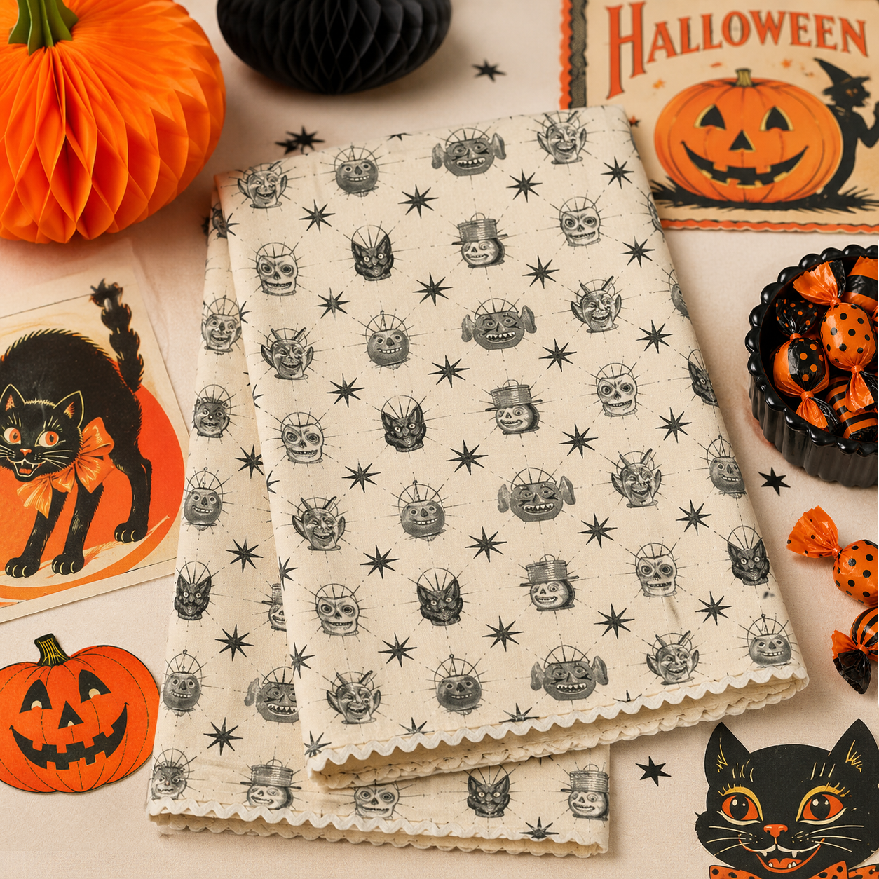 Vintage Halloween Candy Bucket Cream Tea Towel