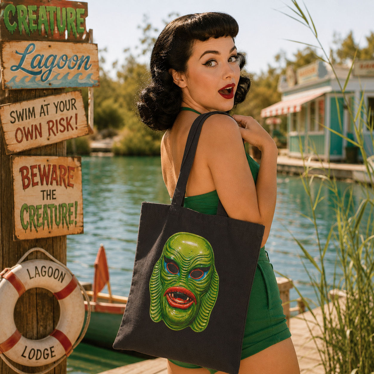 Swamp Creature Vintage Halloween Mask Canvas Tote Bag