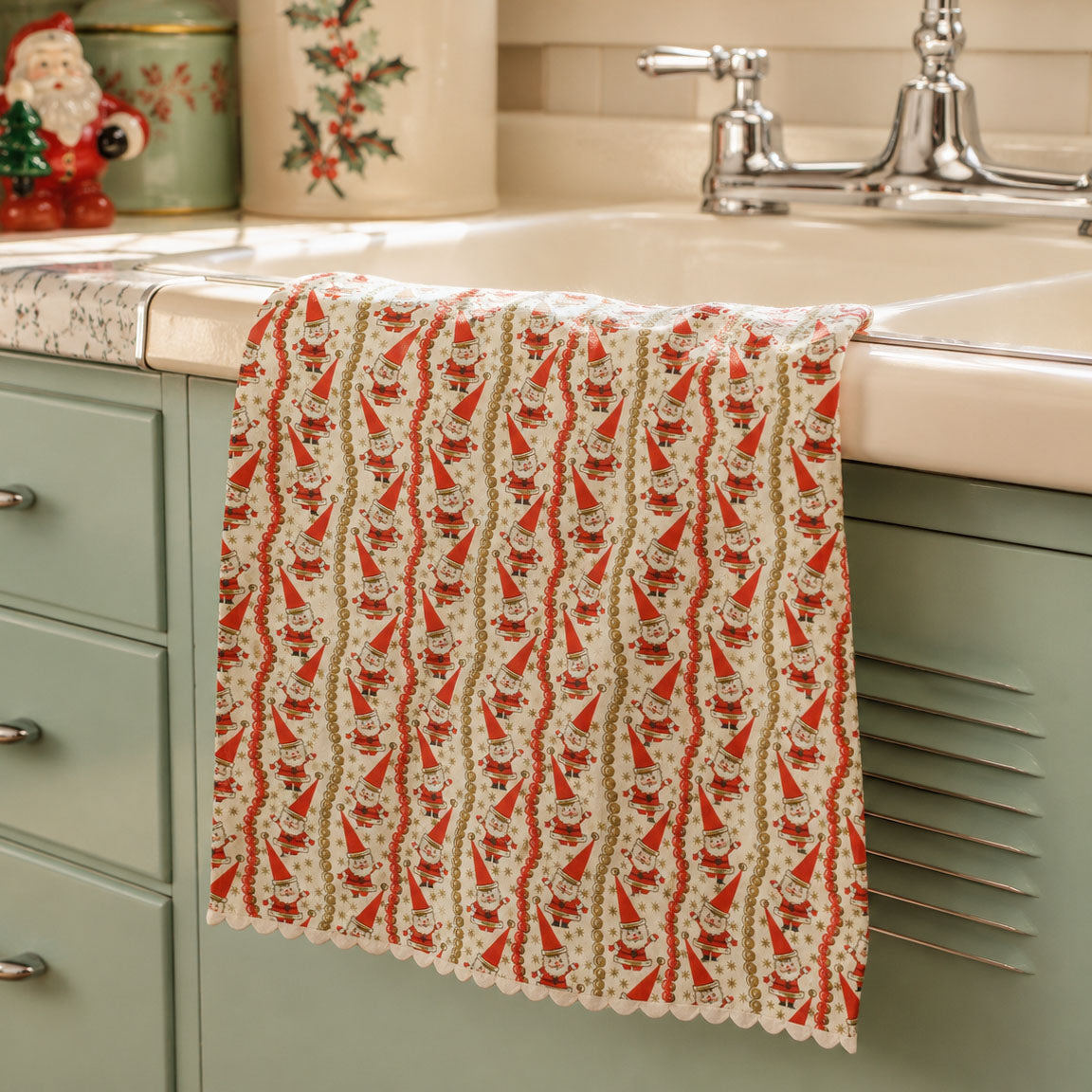 The "Jingle Bell Santa" Luxe Cotton-Linen Tea Towel