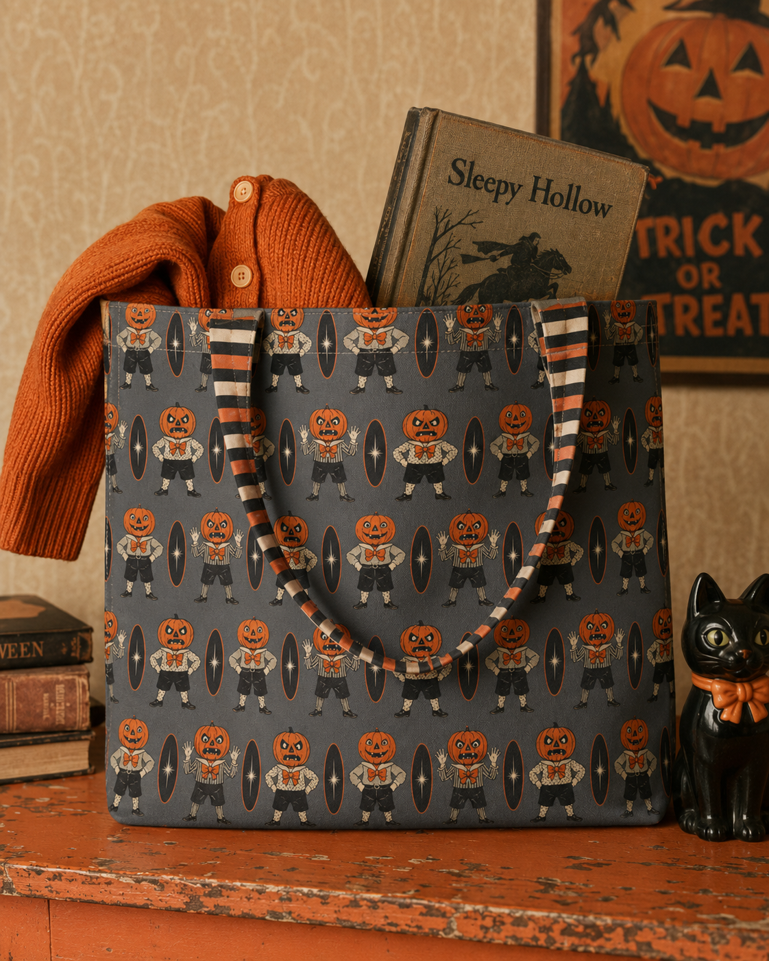 Everyday luxe tote with jack-o-lantern character pattern and striped handles