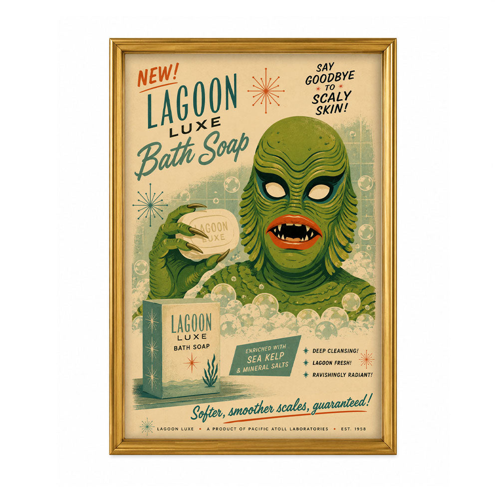 Gold-framed Lagoon Luxe bath soap art print featuring green lagoon monster face