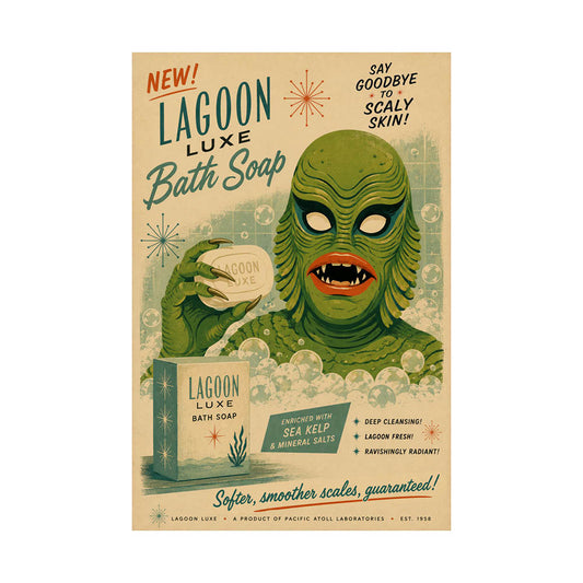 Lagoon Luxe bath soap art print with green lagoon monster and seaweed-themed design