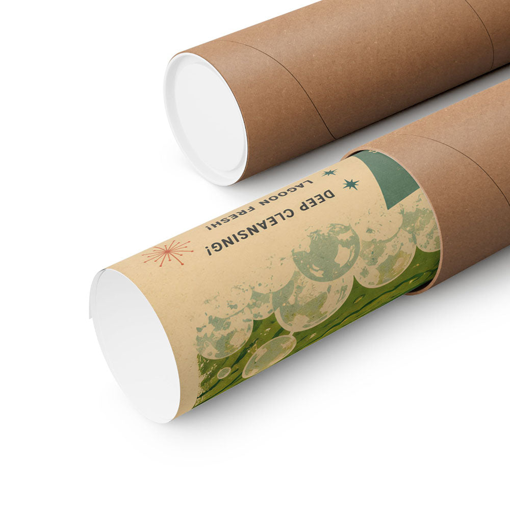 Rolled Lagoon Luxe bath soap art print on kraft paper sleeves, green illustration visible