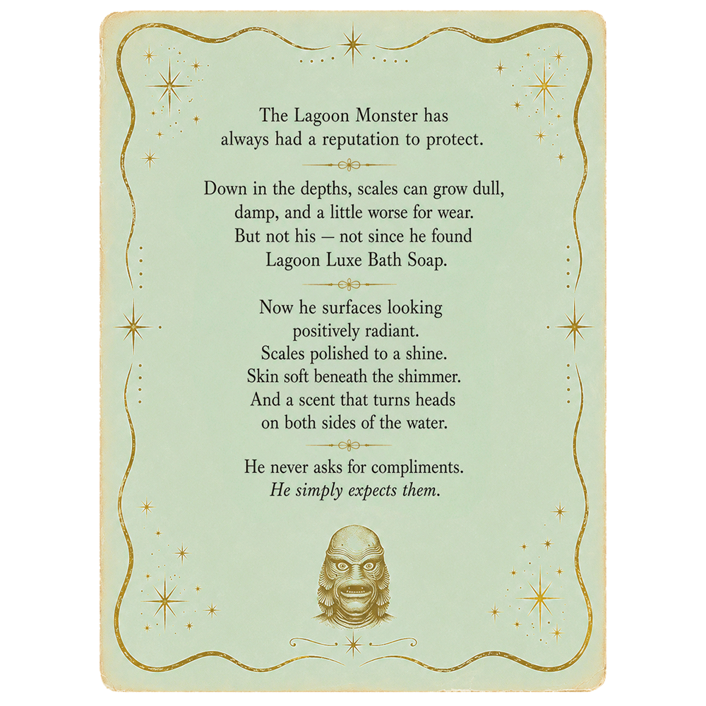 Square Lagoon Luxe bath soap art print with poem text, gold stars, and small monster