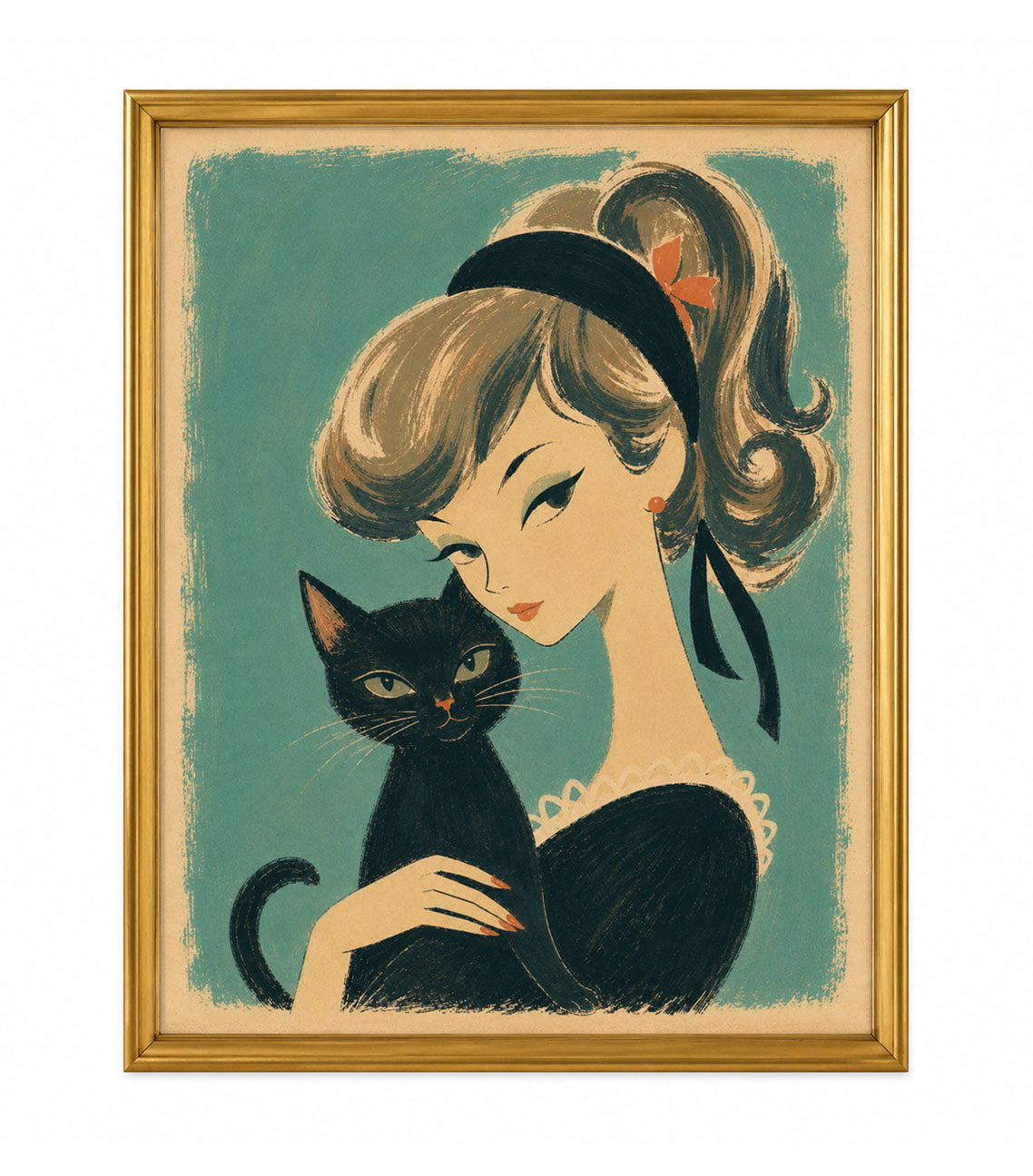 Framed art print of a woman with a black cat, teal background