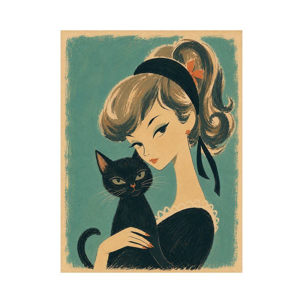 Lola & Binx art print: illustrated woman holding black cat on teal background, square