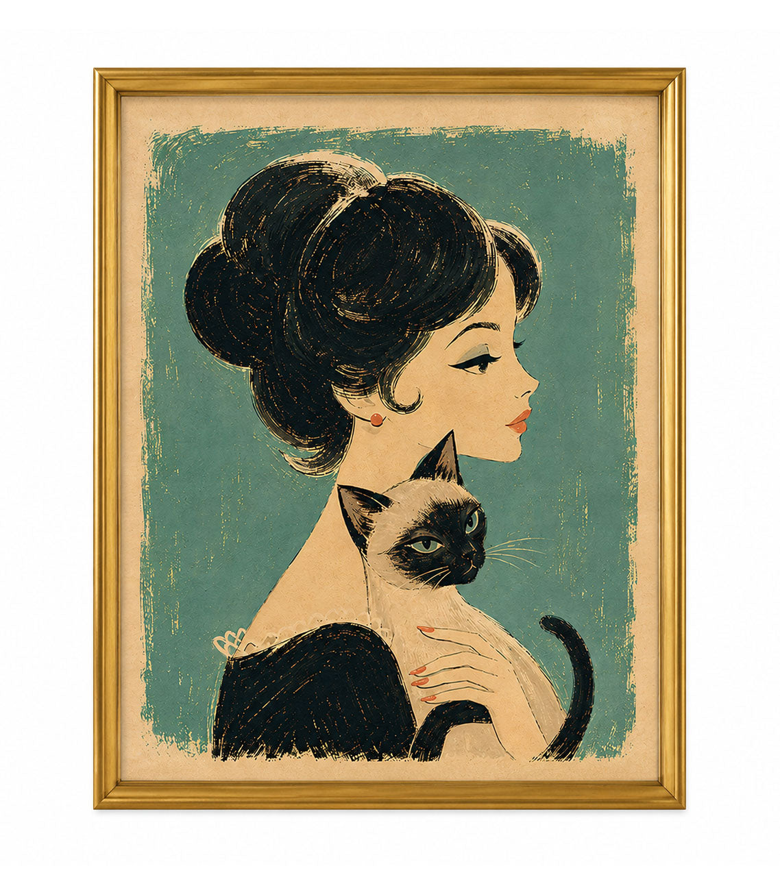 Framed art print with vintage woman and black cat illustration on teal square background