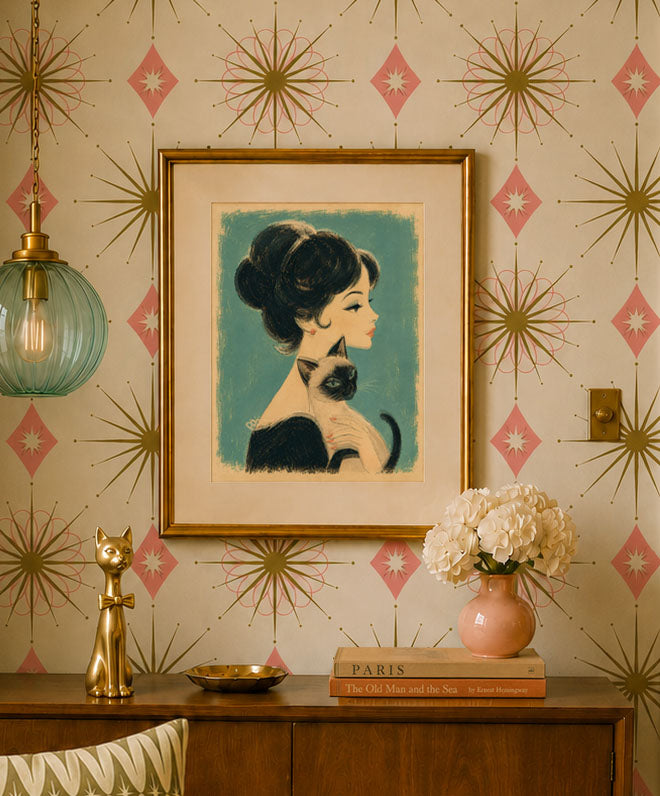 Vertical framed art print showing a vintage woman with a black cat on teal background