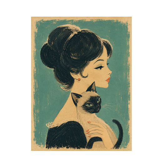 Matte art print of a woman in profile holding a black cat portrait