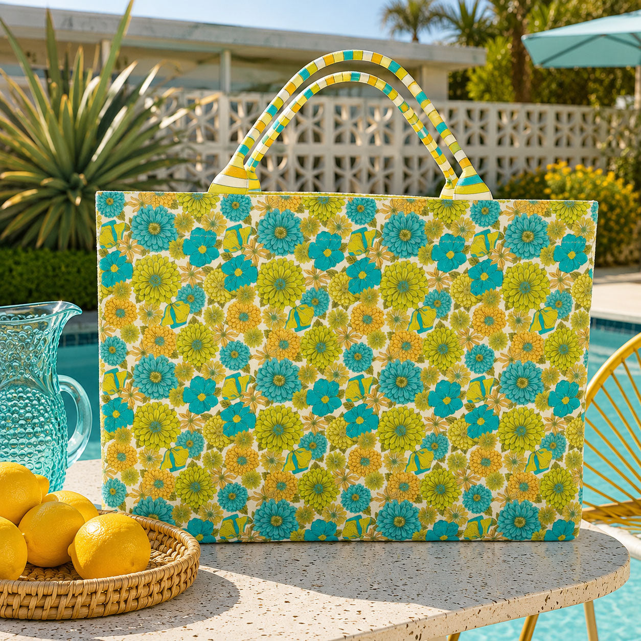 Floral print everyday tote bag with yellow-green background and blue flowers