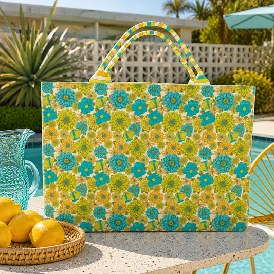 Everyday tote bag with allover blue and green floral print and striped handles