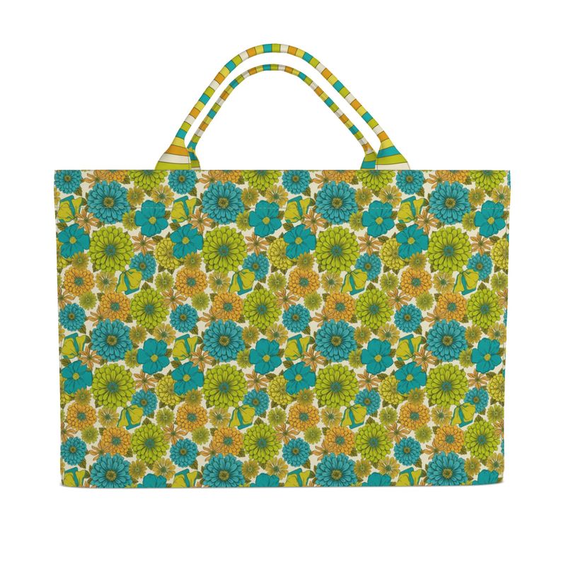 Floral print tote bag with striped top handles, yellow and blue flower pattern