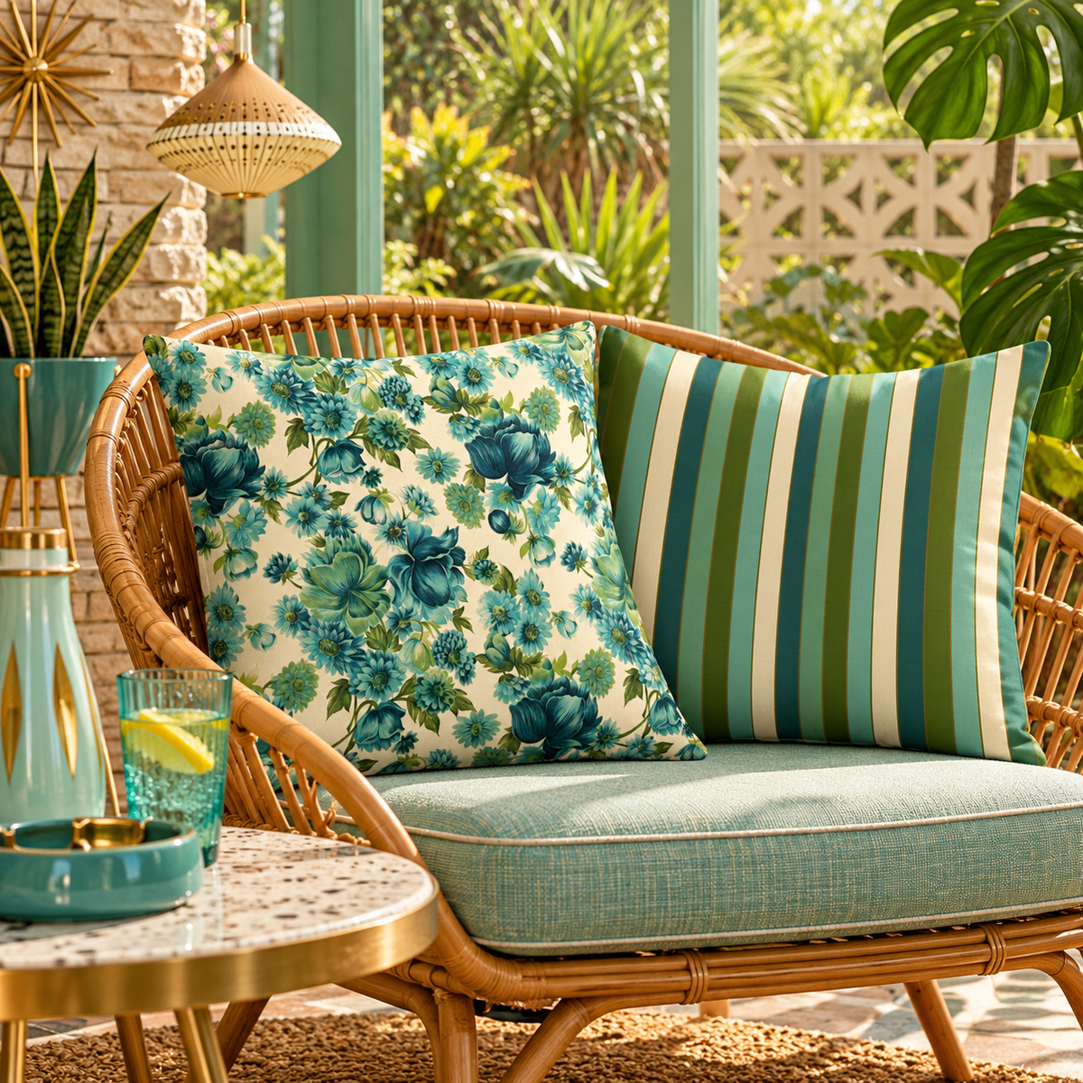 Oasis Cove decorative pillow with teal and blue floral pattern on a light background