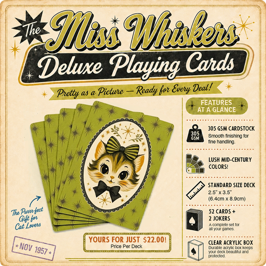 Deluxe vintage-style playing cards box with green cat design and stacked deck