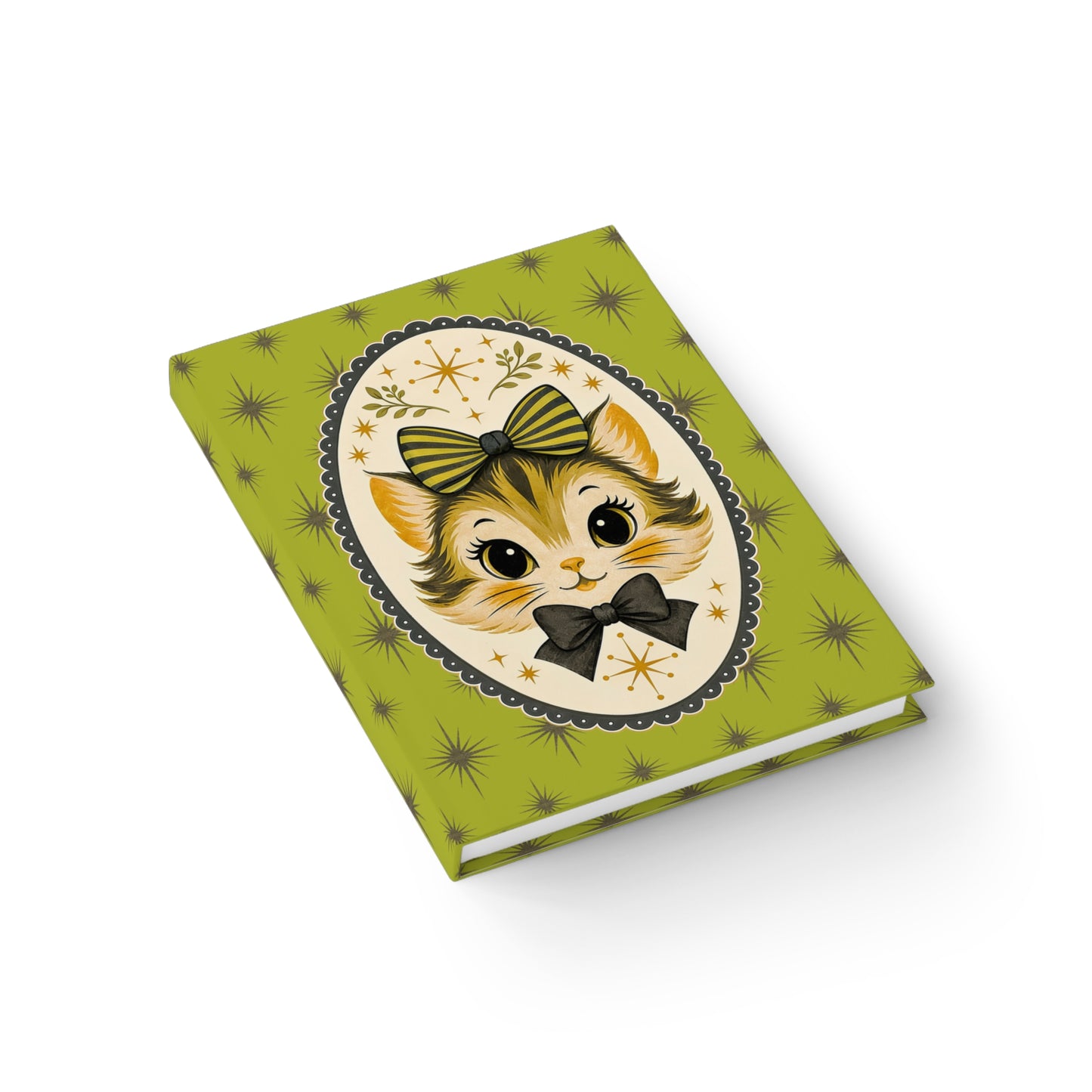 Hardcover lined journal with green kitty face cover and decorative starburst trim