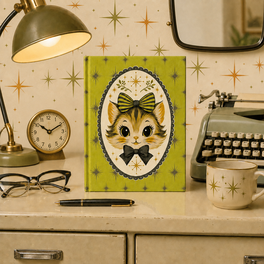 Hardcover lined journal with green retro kitty cover and bow tie illustration