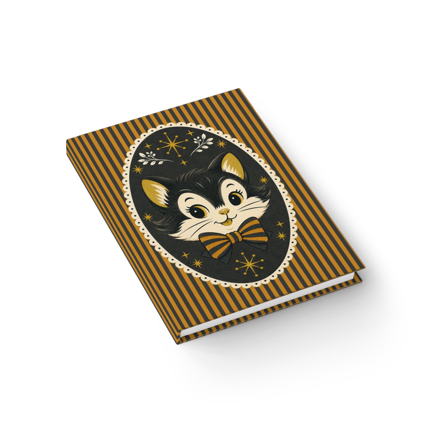 Retro striped notebook journal with illustrated black cat face on front