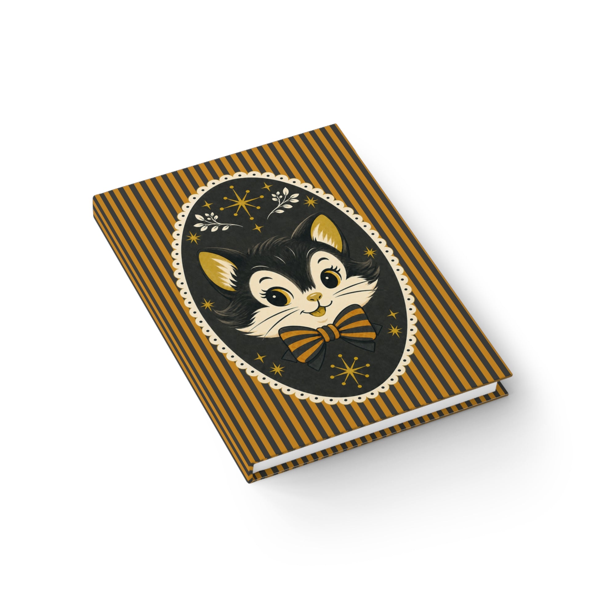Retro striped notebook journal with illustrated black cat face on front