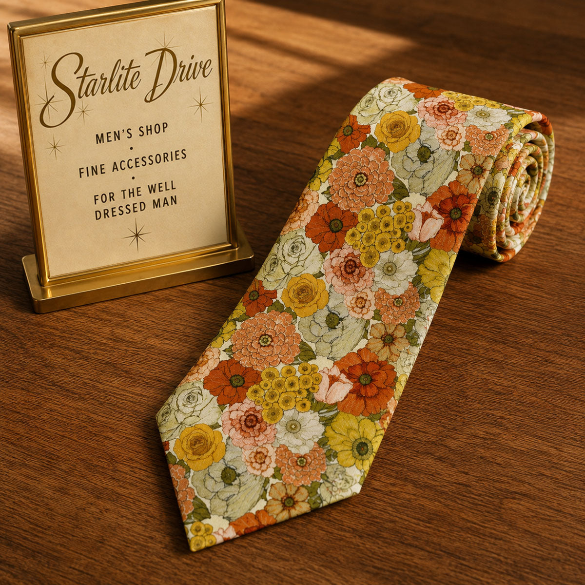 Men's necktie with multicolor floral patchwork on a light beige background