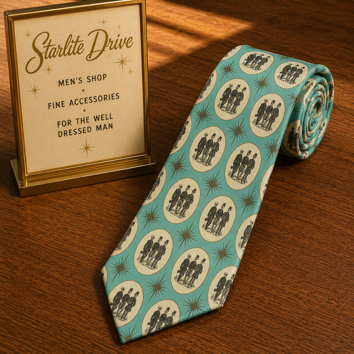 Men's necktie with black silhouette figures and starburst motifs on a light teal base