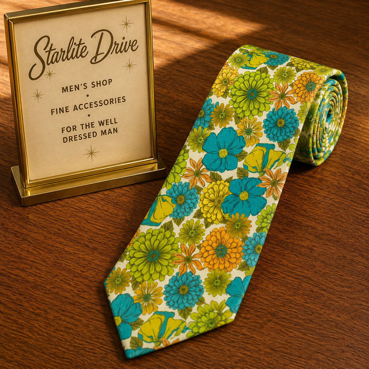 Men's necktie with bright blue and yellow flower pattern on an off-white base