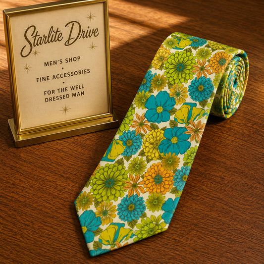 Men's necktie with bright blue and yellow flower pattern on an off-white base