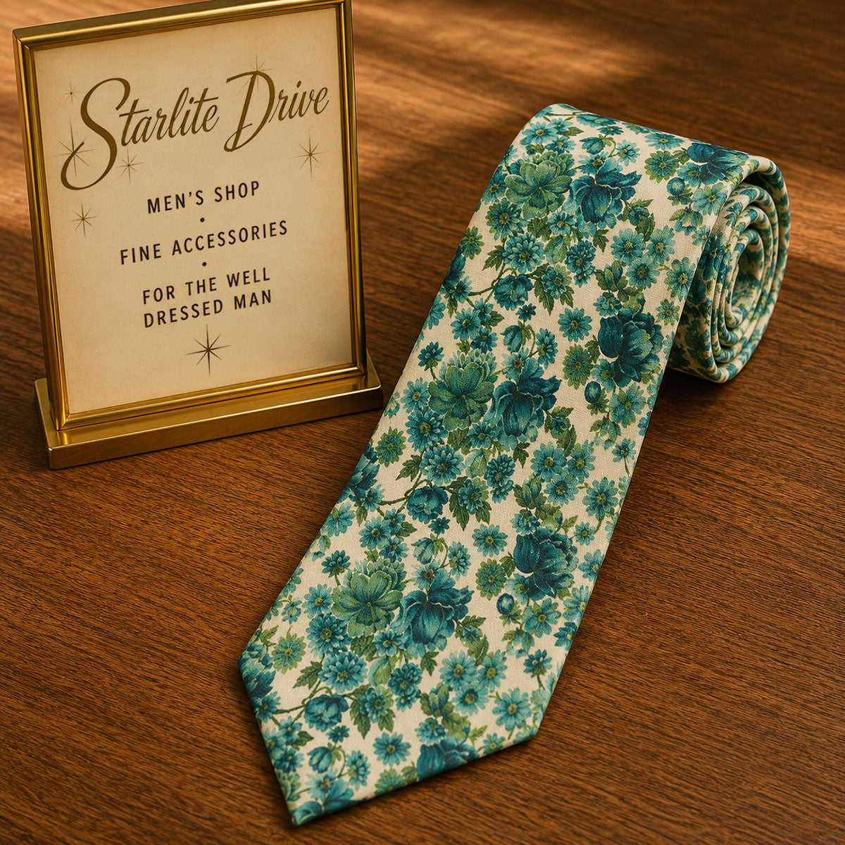 Men's necktie with teal floral cluster pattern on an off-white background