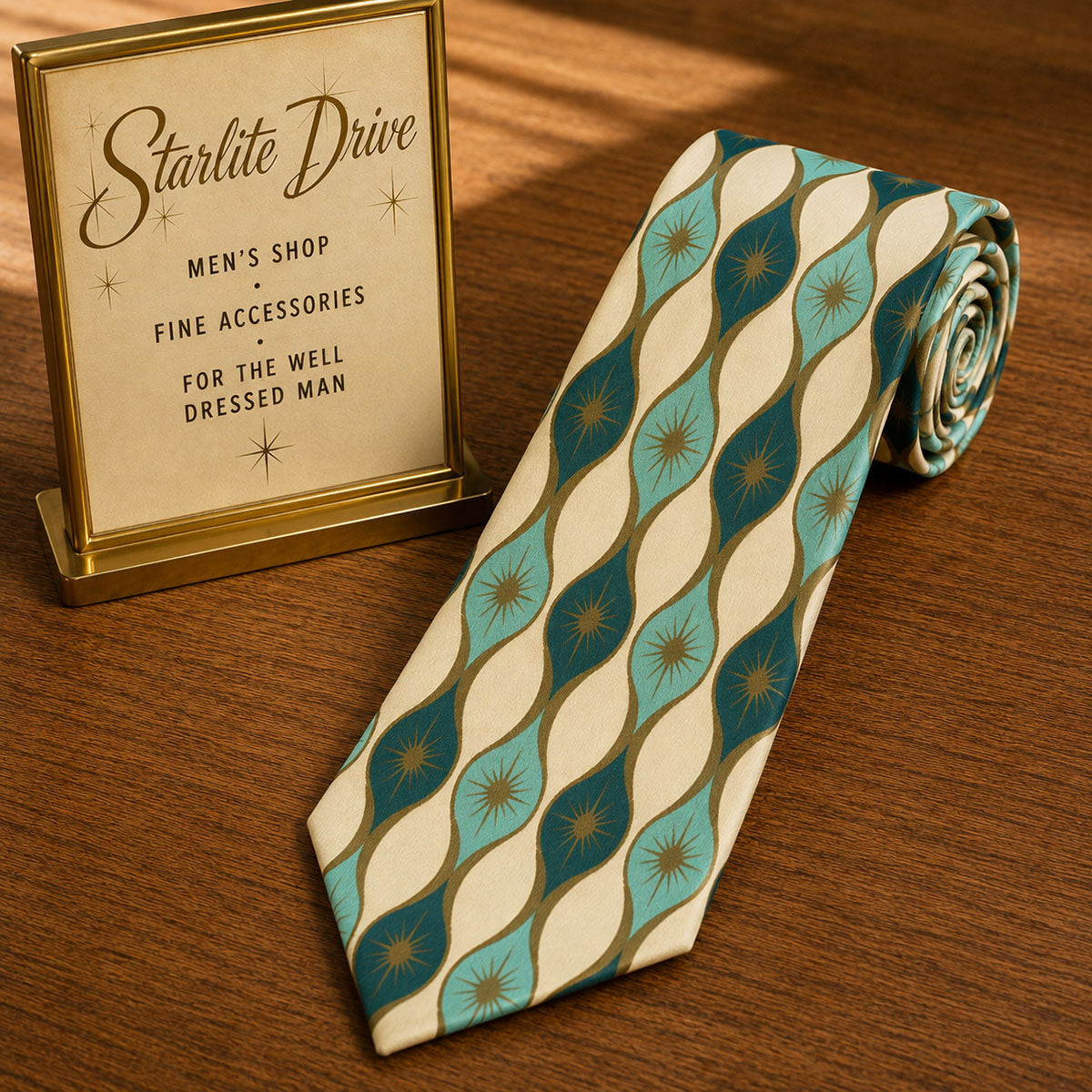 Men's necktie with teal leaf and oval pattern on an off-white background