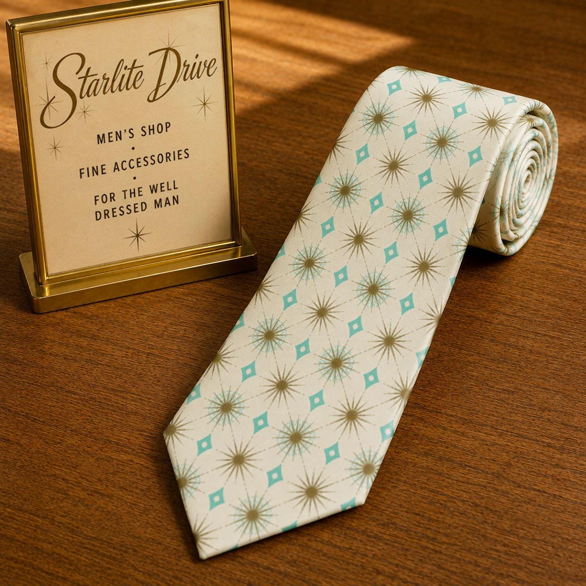 Men's necktie with light teal starburst and square motifs on a white base