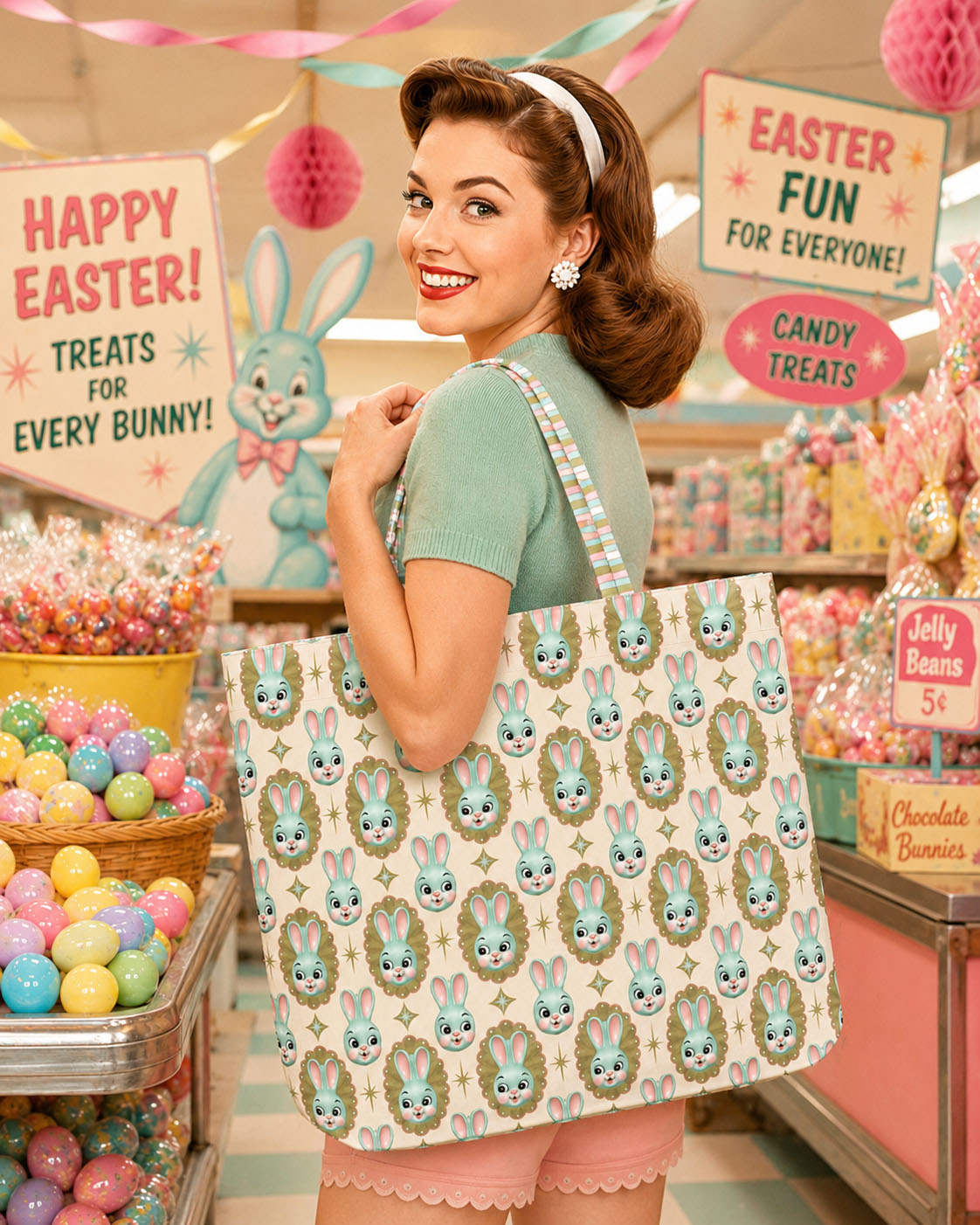 Bunny print carryall tote bag with mint short sleeves and multicolor striped handles
