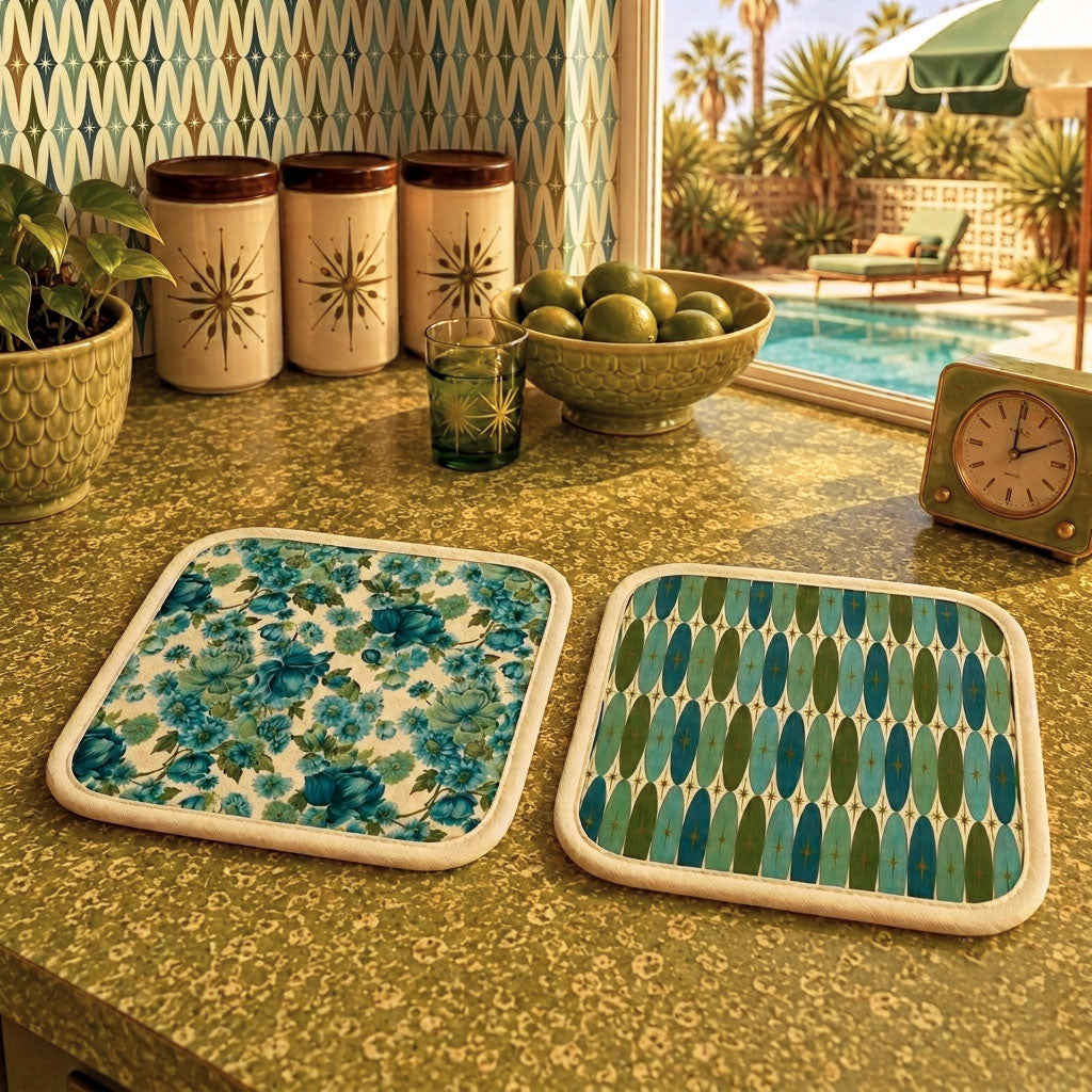 Vintage-style hot dish pads with retro 1960s design — mid-century kitchen accessories