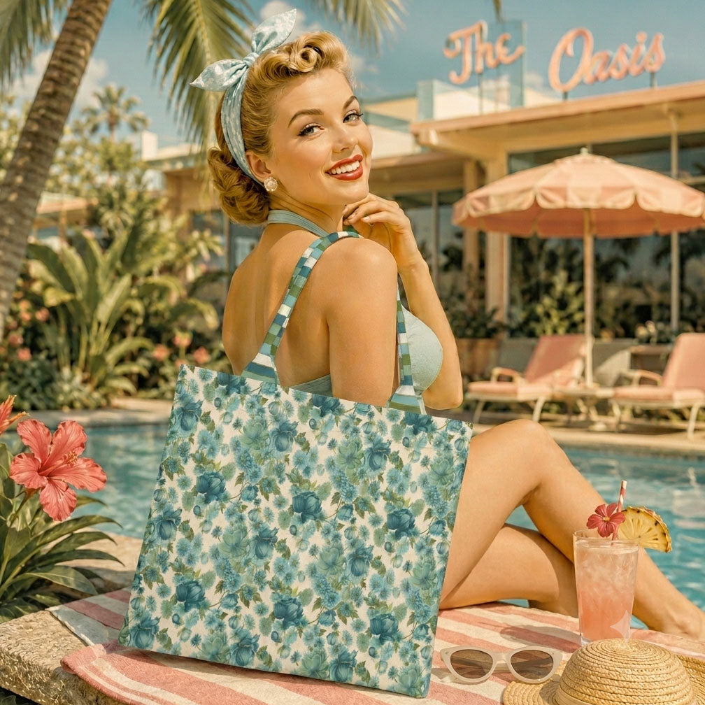 Everyday luxe tote with teal and green floral print, striped fabric handles