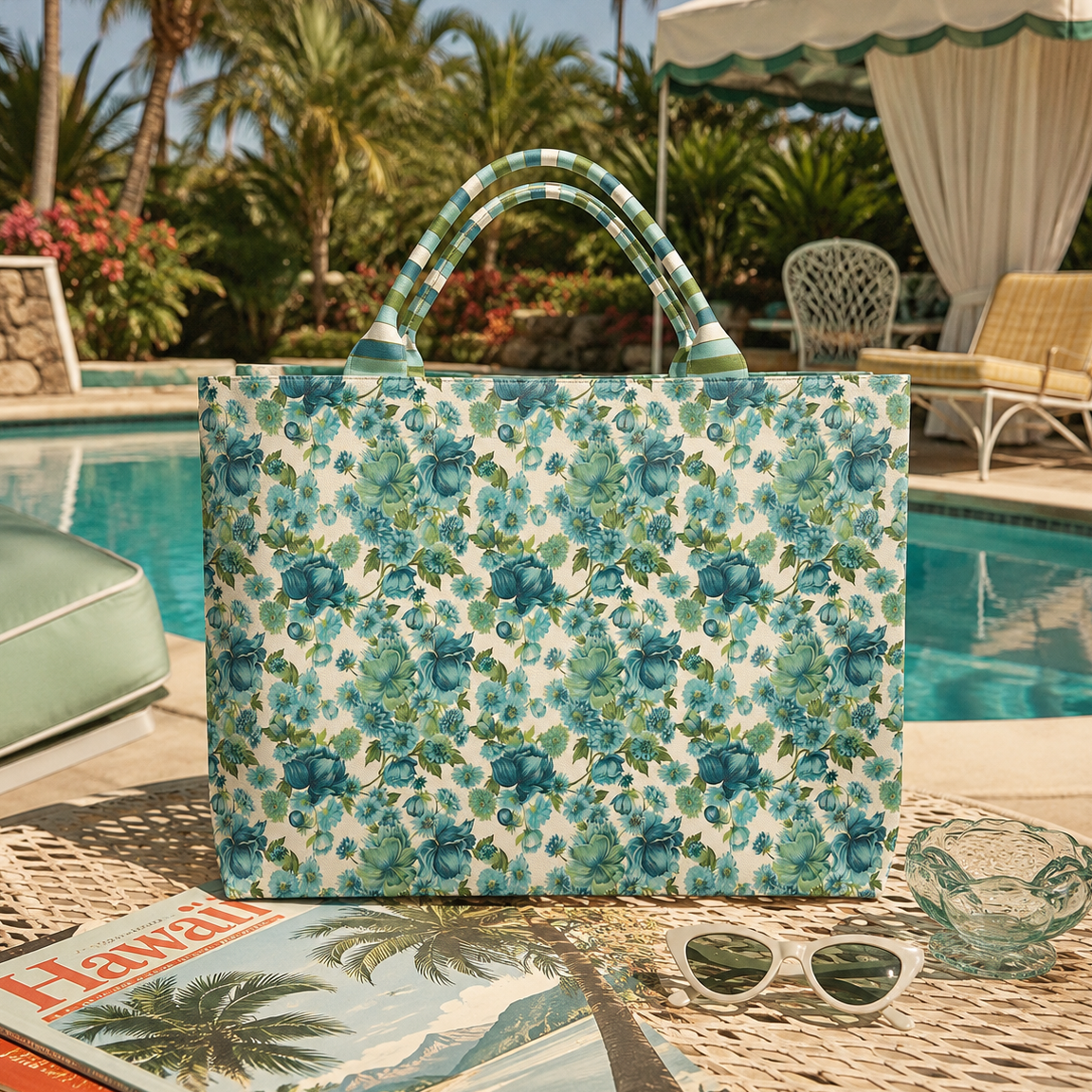 Floral carryall tote with teal, green, and cream pattern and double striped handles