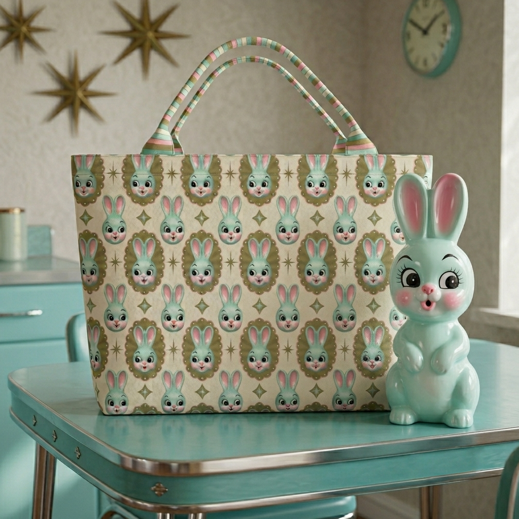 Bunny printed tote bag with mint handles and cream body, gold star accents all over