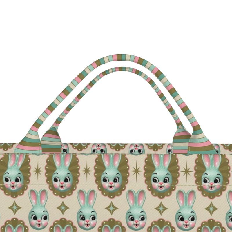 Close view of bunny tote bag handles and top edge with striped fabric trim