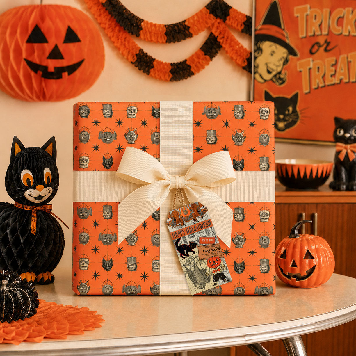 Trick or Treat Orange Vintage Halloween Wrapping Paper