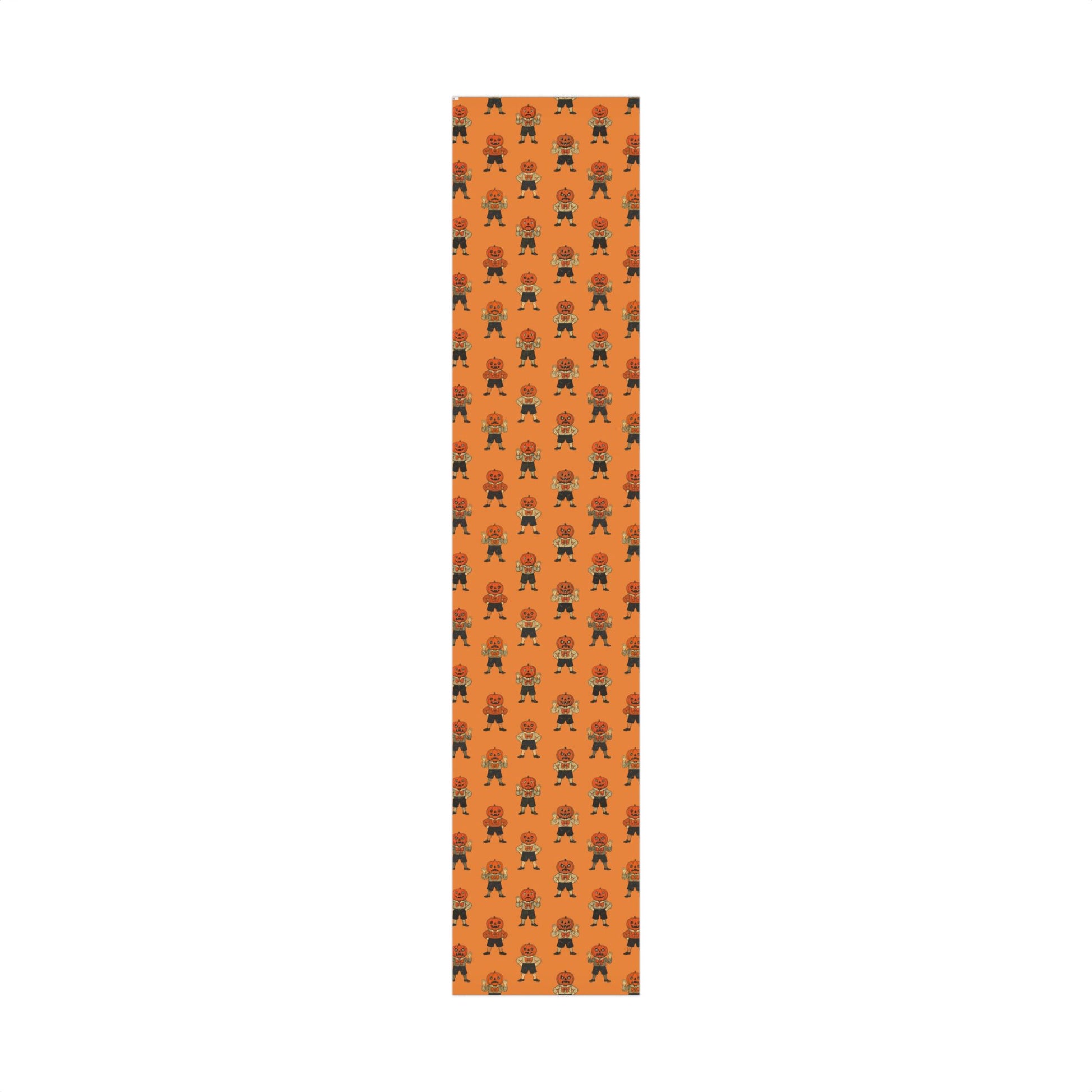 Orange Halloween wrapping paper roll with small repeating jack-o'-lantern scarecrow characters