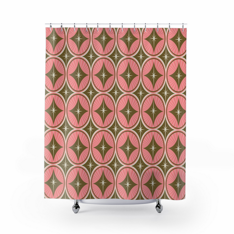 Pink and green shower curtain with repeating gold star diamond pattern, flat on hooks