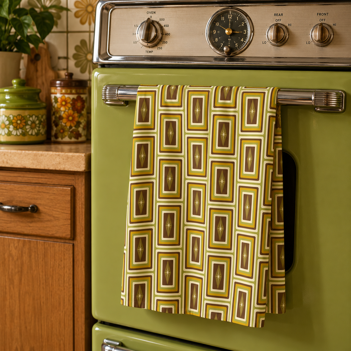 Kitchen towel with green, gold, and brown geometric pattern, draped over oven handle