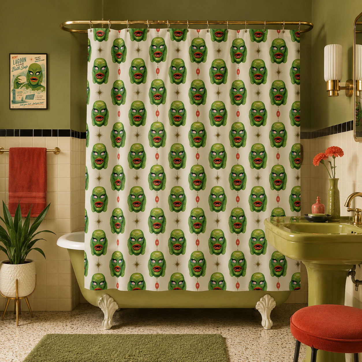Swamp monster face shower curtain with red pendants, hanging from metal rod