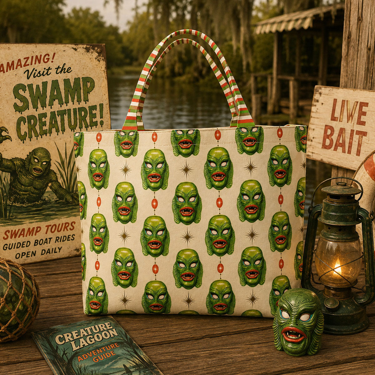 Printed monster face tote bag with green faces and striped carry handles