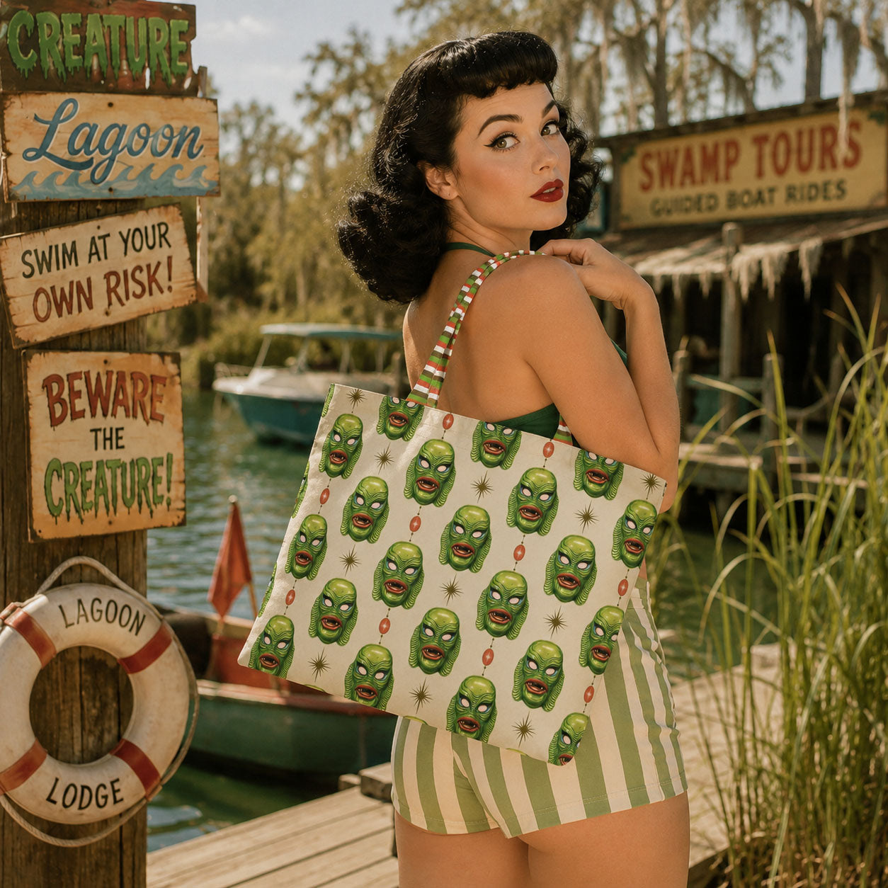 Monster face tote bag worn on shoulder with green striped straps