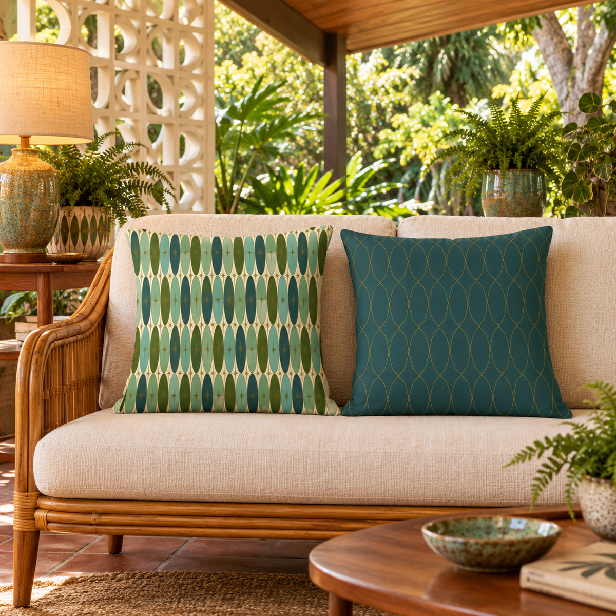 Teal geometric decorative pillow with arched motif pattern on a sofa