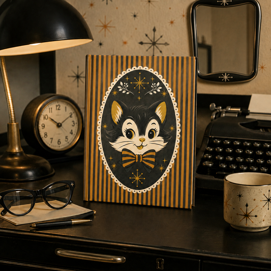 Striped retro cat journal cover with black cat face and bow illustration