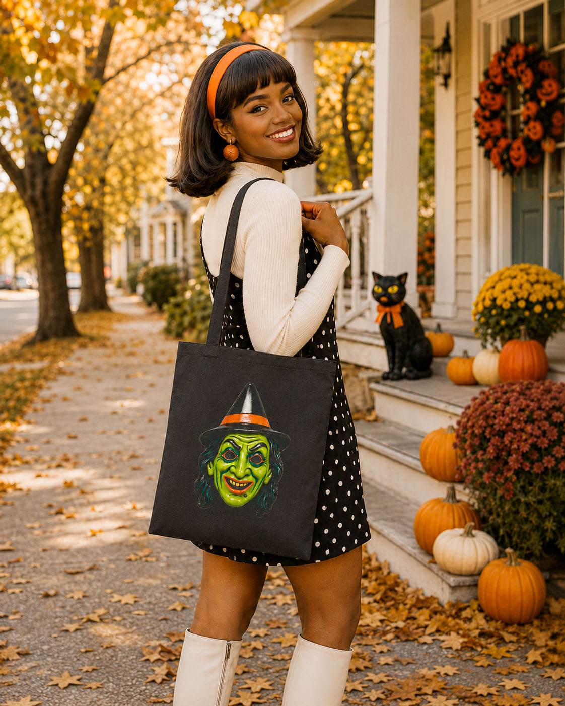 Vintage Halloween Plastic Witch Mask Canvas Tote