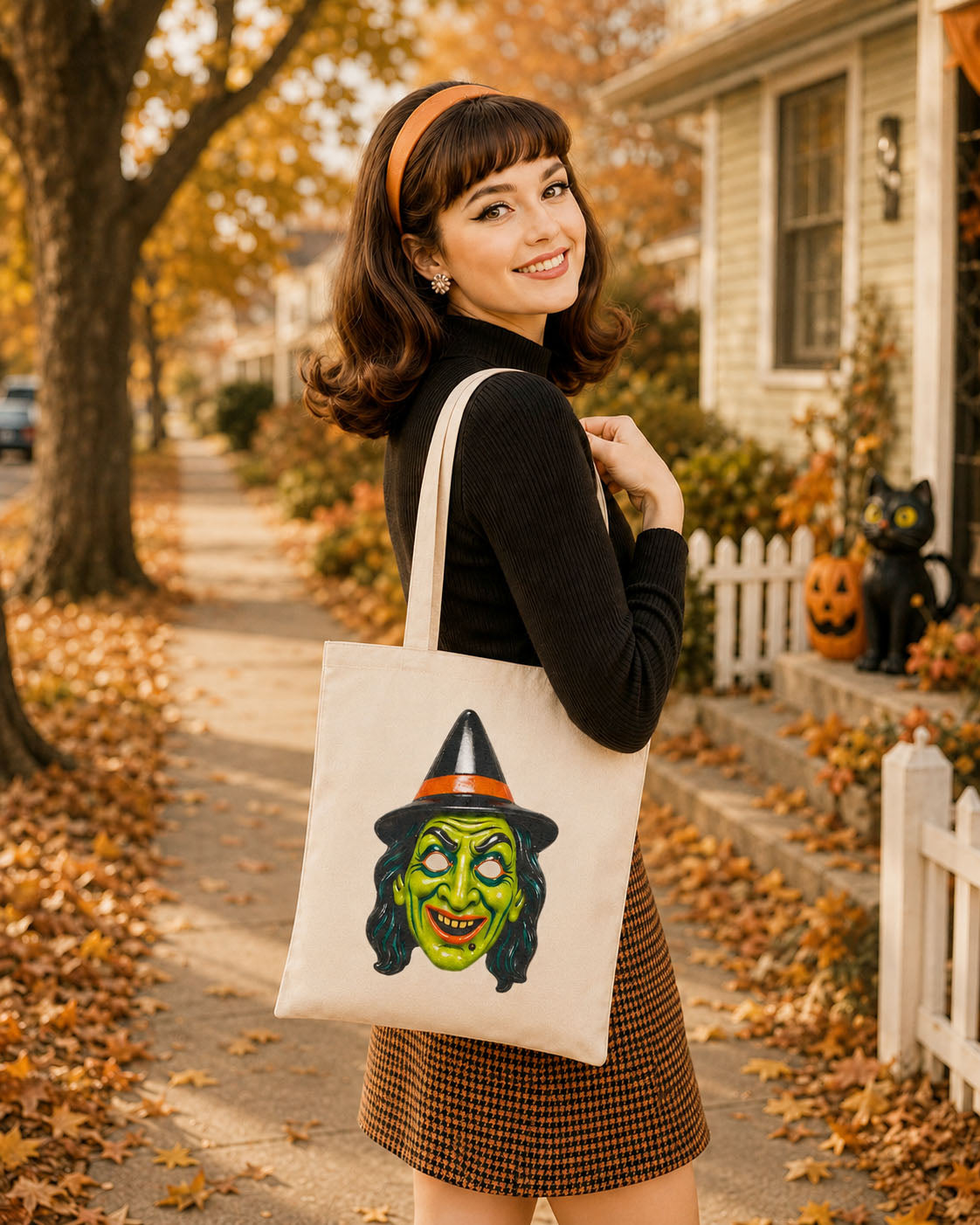 Vintage Halloween Plastic Witch Mask Canvas Tote