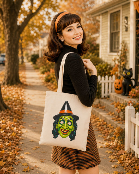 Vintage Halloween Plastic Witch Mask Canvas Tote