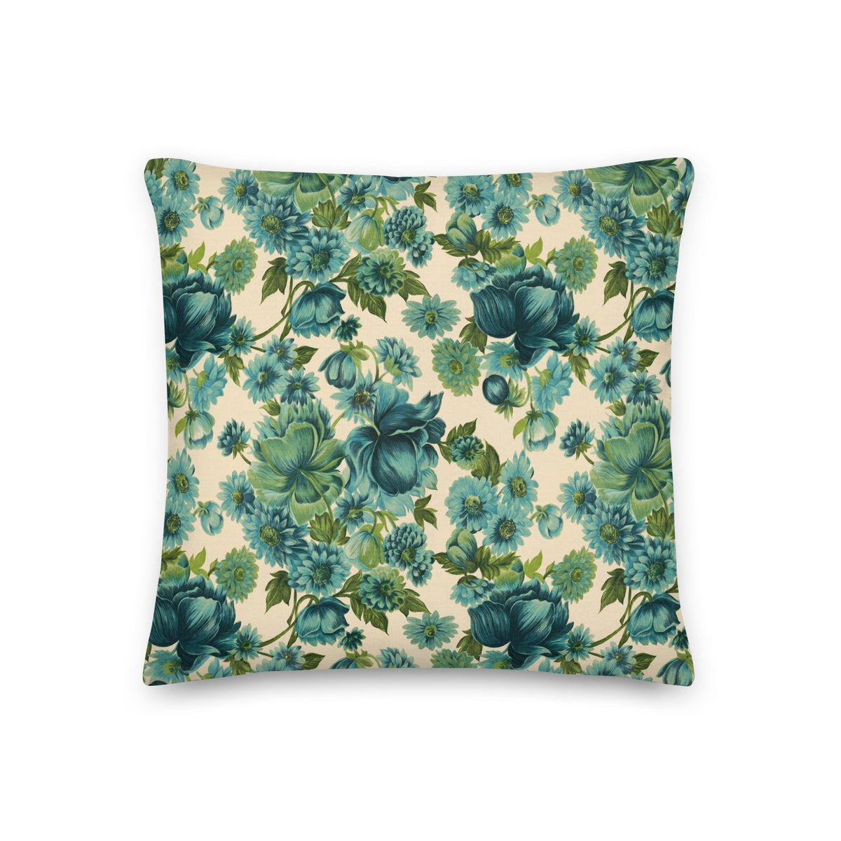 Premium pillow with teal and green floral print on light background