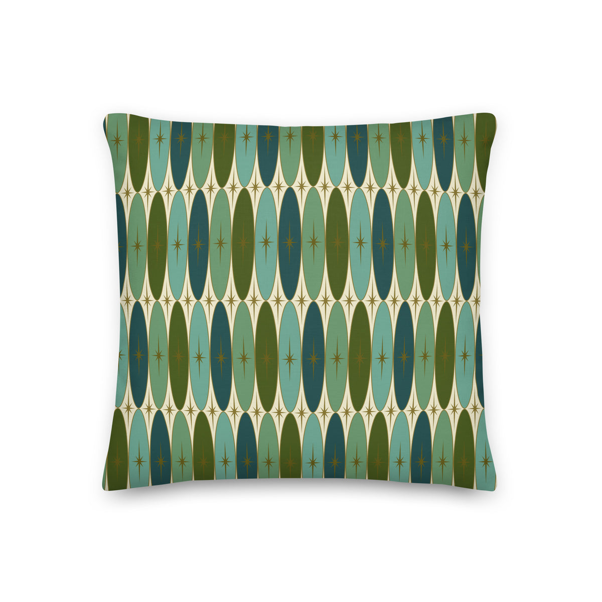 Green and teal geometric pattern decorative pillow with scallop arches and gold accents